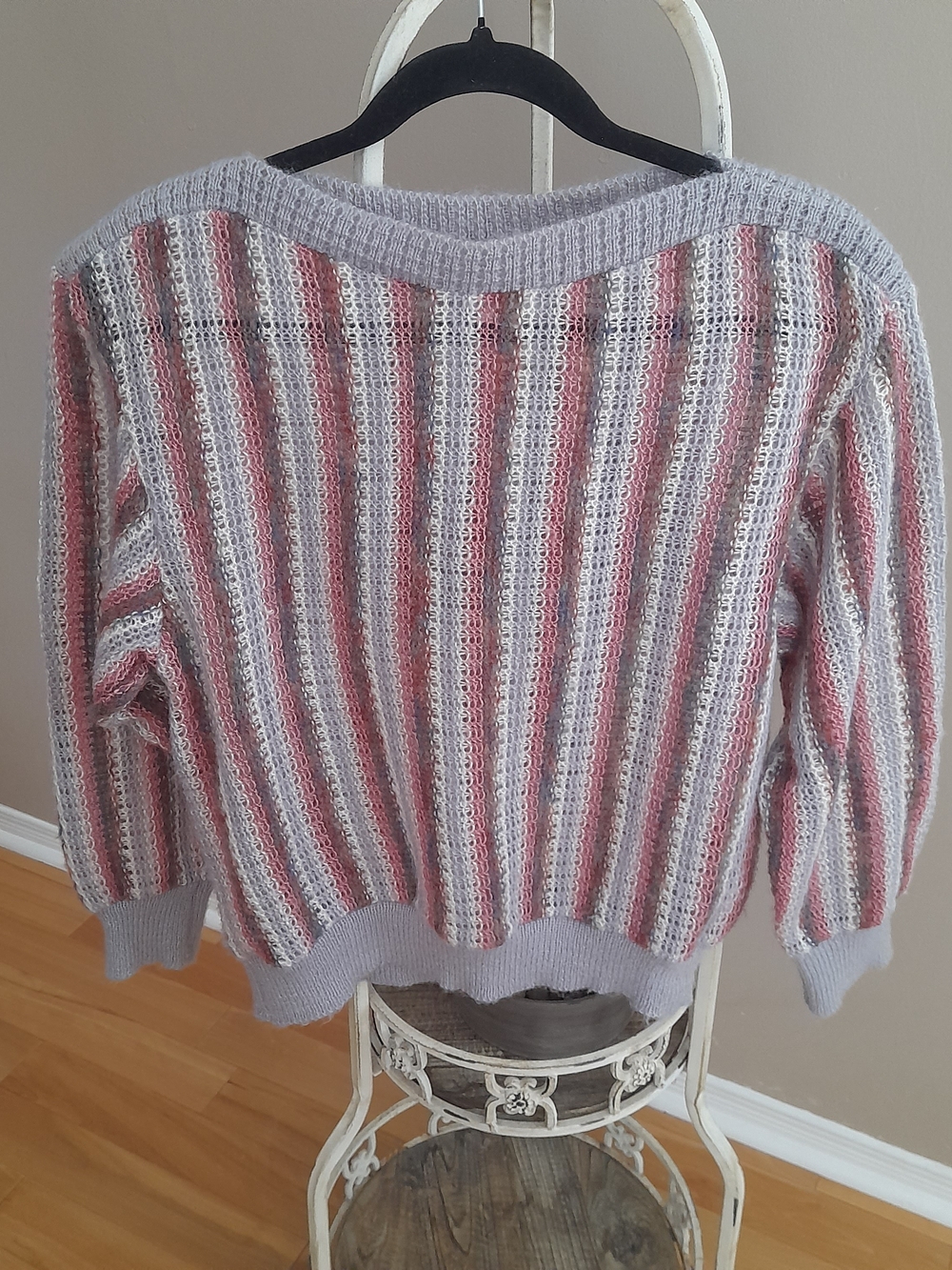 Sears Retro Striped Open-Knit Crew Sweater - Lavender, Dusty Rose & White